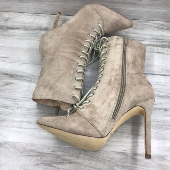Olivia Ferguson Boots Womens 7.5 Tan Faux Suede Zip Lace Up Stiletto Heels - Picture 7 of 10
